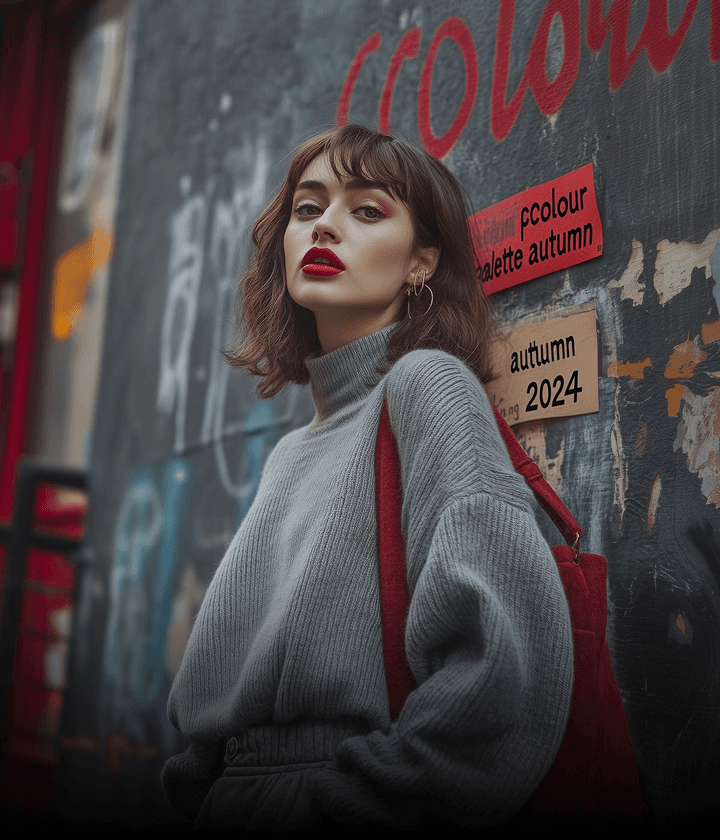 Model in a grey turtleneck against a graffiti wall