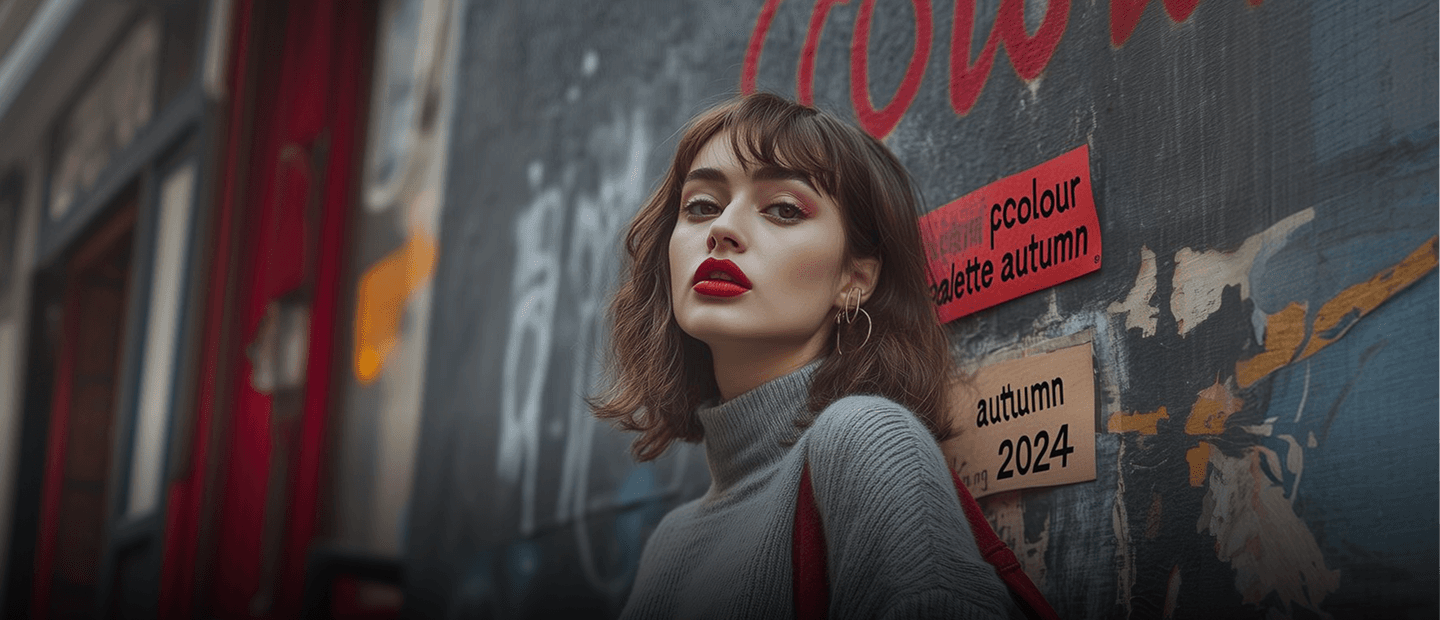 Model in a grey turtleneck against a graffiti wall with autumn posters