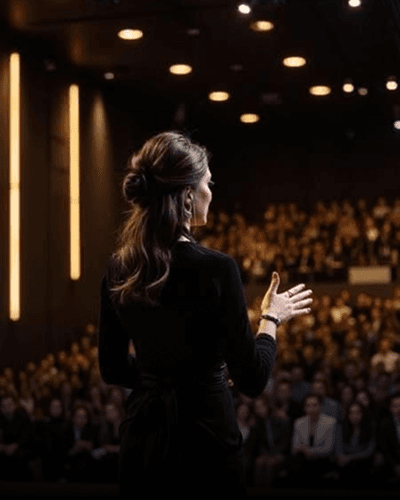 Speaker addressing a full auditorium