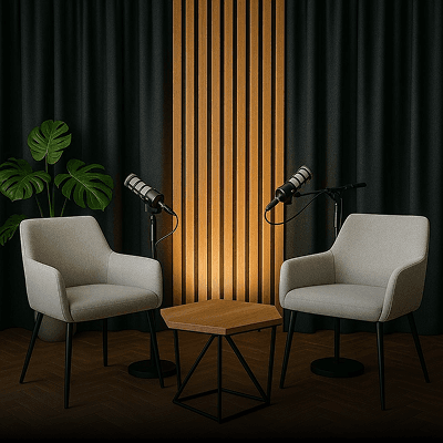 Two chairs and microphones in a podcast studio