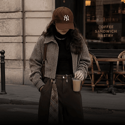 Street-style outfit with a baseball cap and iced coffee outside a café