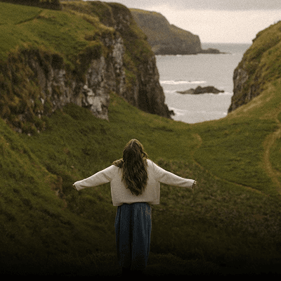 Woman with arms outstretched facing green sea cliffs